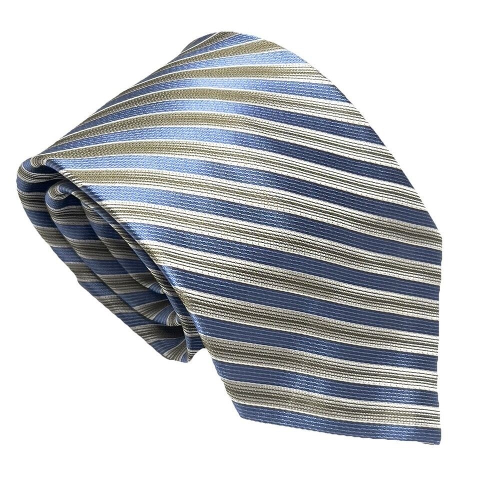 Claiborne Necktie Men OS Blue Silver Striped Silk Excellent Hand Made Business
